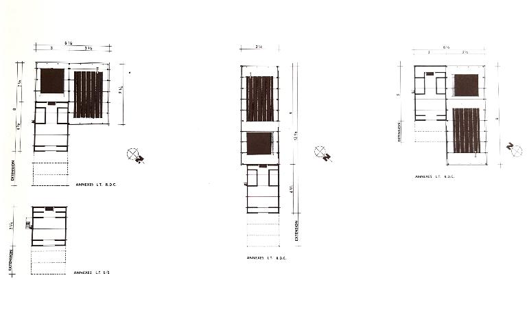 Plans d'ensemble montrant les dispositions possibles des bassins et les possibilité d'extension des annexes, projet-type de la piscine "Albatros" (AN ; 19840036/55).