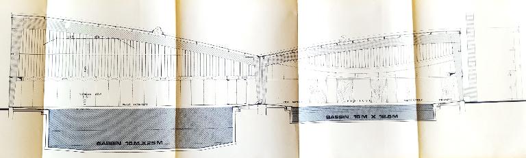 Coupe transversale sur les deux bassins, projet-type de la piscine "Albatros" : on remarque bien que les différences volumes entre les espaces (AN ; 19840036/55).