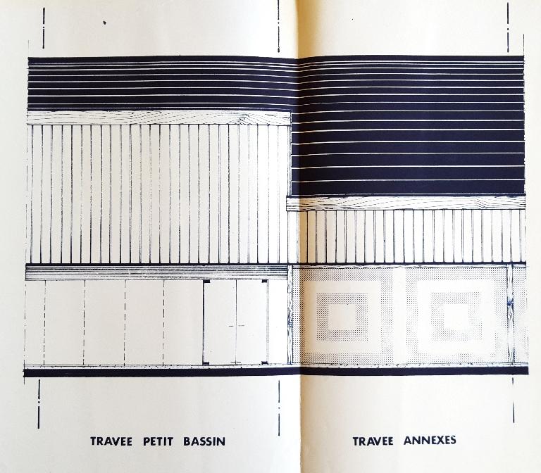 Détail de l'élévation du projet-type de piscine "Albatros" : travée petit bassin et travée des annexes (AN ; 19840036/55).