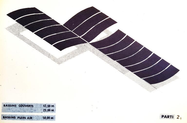 Schéma conceptuel n°5 montrant les possibilités modulaires de la piscine Albatros (19840036/55). 