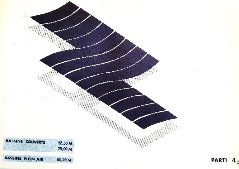 Schéma conceptuel n°7 montrant les possibilités modulaires de la piscine Albatros (19840036/55). 