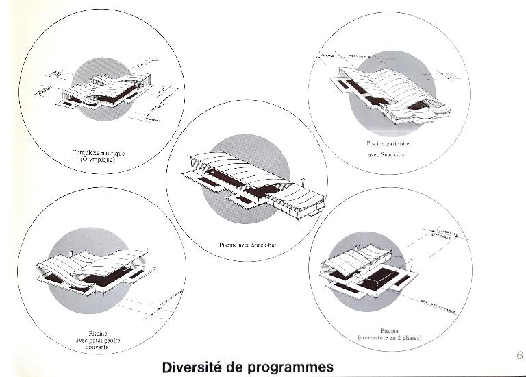 Schémas montrant la diversité des programmes permis par le système modulaire de la piscine "Albatros" (AN ; 19840036/145).