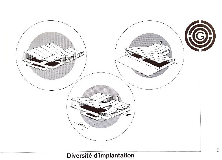 Schémas montrant les possibilités d'implantations permises par le système modulaire de la piscine "Albatros" (AN ; 19840036/145).