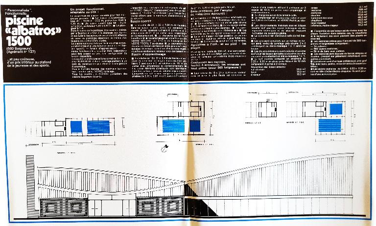 Présentation des caractéristiques de la piscine "Albatros 1500" dans une brochure éditée par le GERPIAM (AN ; 19840036/145). 