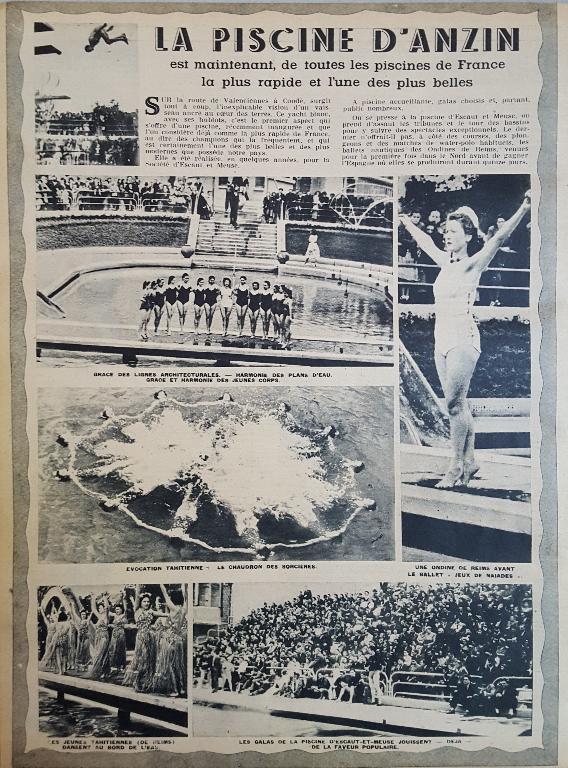 Coupure de presse présentant des photos de galas nautiques et compétitions organisés dans la piscine d’Anzin. Journal Nord France, 1949 (coll. part.).