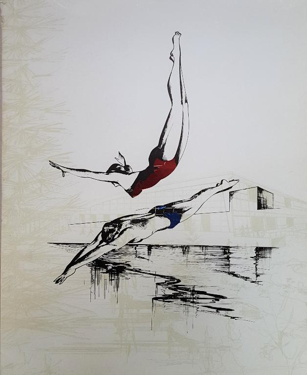 Couverture de la plaquette inaugurale de la piscine de Valenciennes, 22 septembre 1969, R. Lelièvre maître-imprimeur (coll. part.).