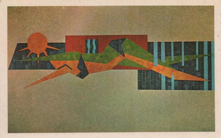 Détail d’une mosaïque représentant une baigneuse, à la piscine de Ronchin, carte postale, vers 1975 (coll. part.).
