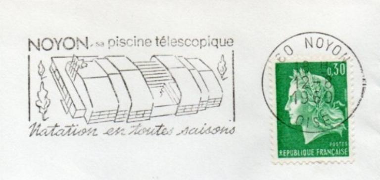 Flamme postale représentant la piscine de Noyon. Enveloppe oblitérée en 1969 (coll. part.).