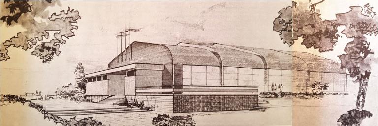 Vue de l'entrée et de la façade sud de la piscine de Noyon, dessin de l'architecte. Issu de "Equipement pour la jeunesse et les sports", n°28, 1967, p.34-35.