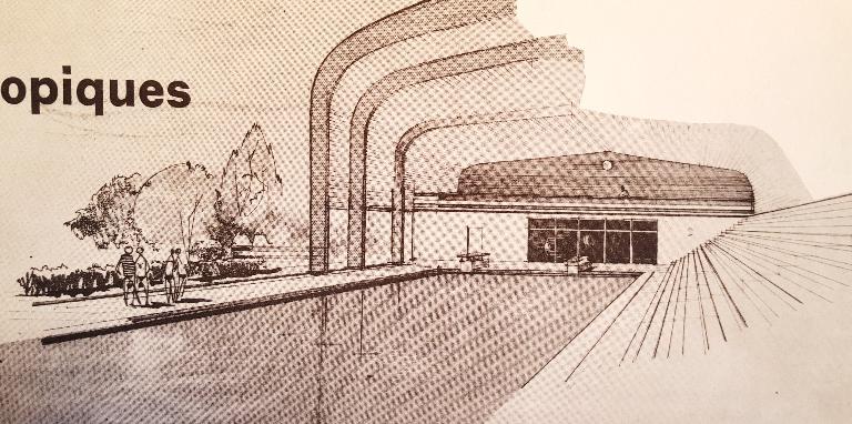 Vue intérieure de la piscine de Noyon découverte, dessin de l'architecte. Issu de "Equipement pour la jeunesse et les sports", n°28, 1967, p.35.