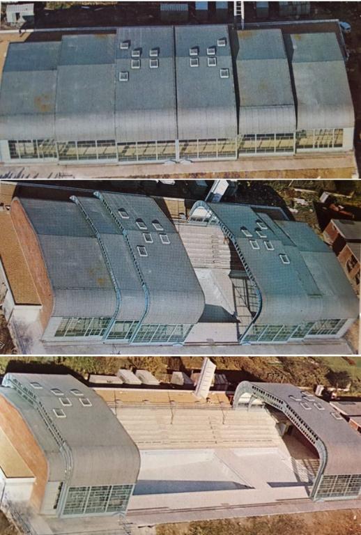 Piscine de Noyon en cours d'ouverture, vue aérienne. Brochure de présentation de la piscine de Noyon produite par la société MacGegor-Comarain. Photo : H. Bernard (AN ; 19940528/1).