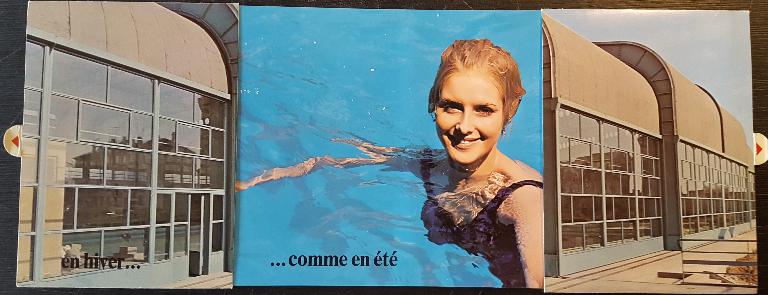 Couverture ouverte de la brochure de présentation de la piscine de Noyon réalisée par la Société MacGregor-Comarain. Photo : H. Bernard (AN ; 19940528/1).