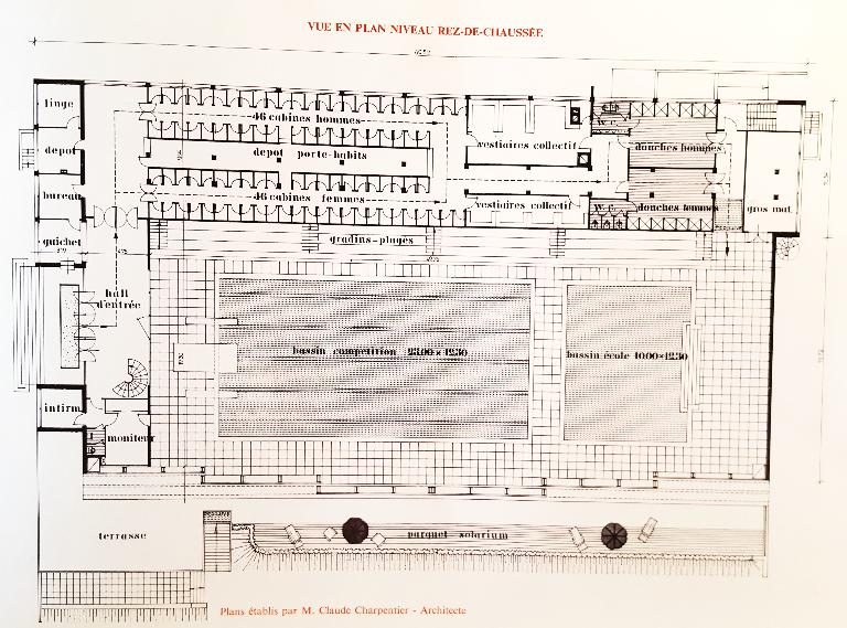 Plan du rez-de-chaussée de la piscine, Cl. Charpentier. Issu de la brochure de présentation de la piscine par la société MacGregor-Comarain (AN ; 19940528/1).