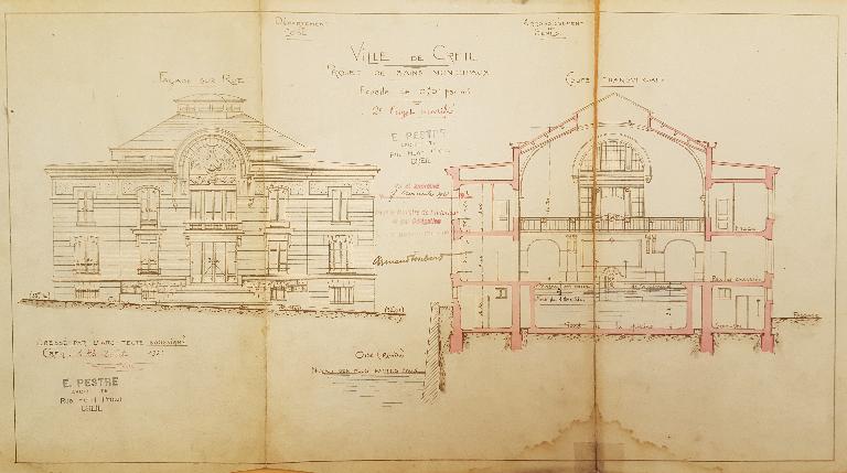 Elévation de la façade sur rue et coupe transversale, E. Pestre architecte, 25 août 1921 (AC Creil ; 1M26). 