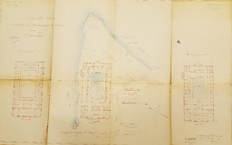 Plans du sous-sol, du premier étage et plan de situation, dressés le 25 août 1921 par E. Pestre, architecte (AC Creil ; 1M26). 