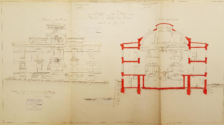 Elévation de la façade sur rue et coupe transversale. Plan dressé le 25 octobre 1920, par E. Pestre, architecte. Il s'agit du projet initial, modifié dès 1921 (AC Creil ; 1M26). 
