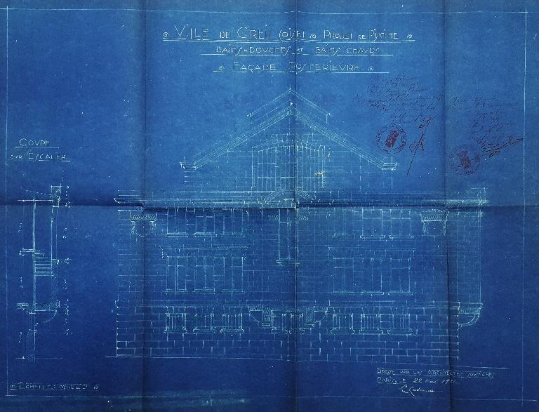Façade postérieure. Plan dressé le 22 mai 1922 par les architectes Pestre et Lablaude (AC Creil ; 1M27). 