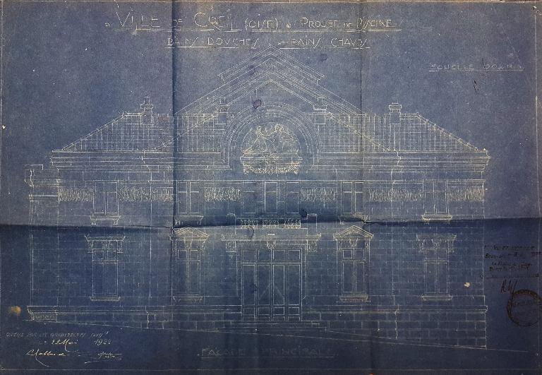 Elévation de la façade principale sur rue. Plan dressé le 22 mai 1922, par les architectes Pestre et Lablaude (AC Creil ; 1M27). 