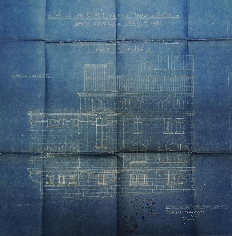 Elévation de la façade latérale gauche, côté escalier. Plan dressé le 22 mai 1922 par les architectes Pestre et Lablaude (AC Creil ; 1M27).