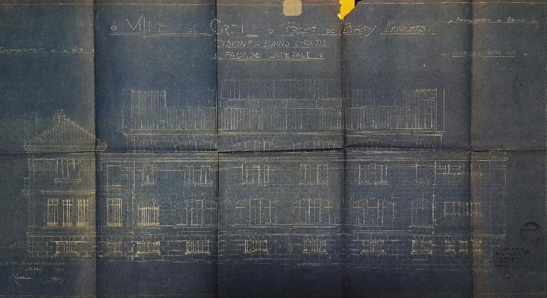 Elévation de la façade latérale. Plan dressé le 22 mai 1922 par les architectes Pestre et Lablaude (AC Creil ; 1M27).