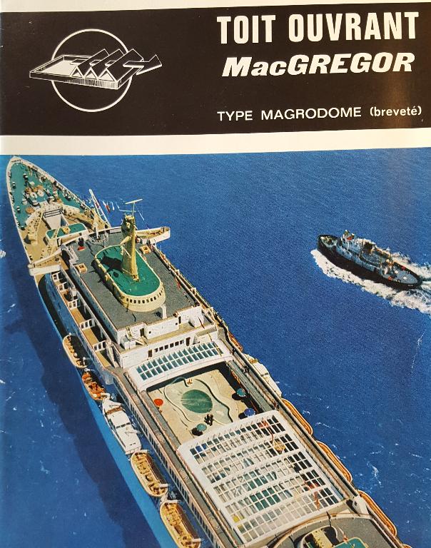 Couverture d'une brochure présentant la société MacGregor-Comarain (originellement spécialisée dans la construction navale), et son système de toit-ouvrant breveté Magrodome (AN ; 19940528/1). 