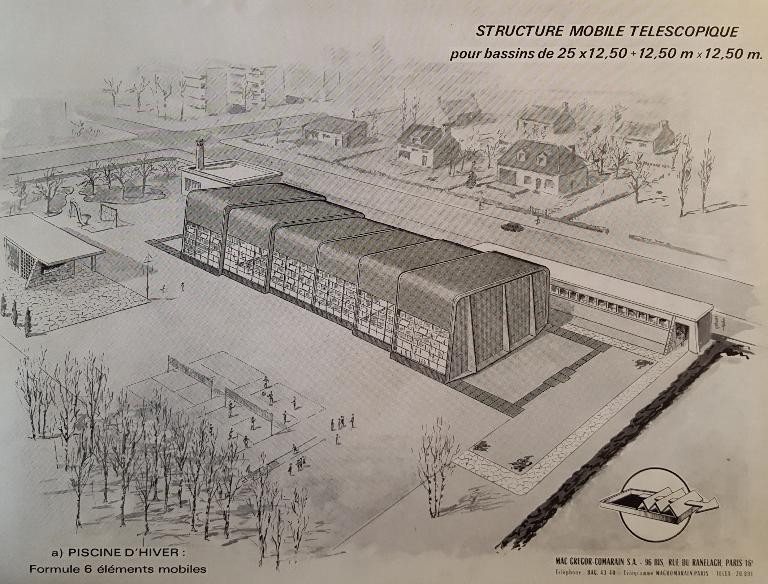 Dessin (perspective) montrant une possibilité d'adaptation de la structure mobile télescopique MacGregor-Comarain à une piscine d'hiver à deux bassin (AN ; 19940528/1). 