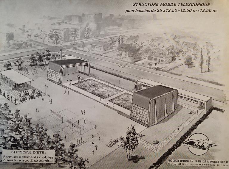 Dessin (perspective) montrant une possibilité d'adaptation de la structure mobile télescopique MacGregor-Comarain à une piscine d'été à deux bassins (AN ; 19940528/1). 