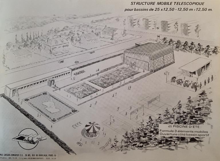 Dessin (perspective) montrant une possibilité d'adaptation de la structure mobile télescopique MacGregor-Comarain à une piscine d'été à deux bassins (AN ; 19940528/1). 