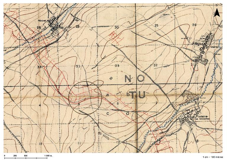 Position de l'édifice sur un tronçon de la ligne Hindenburg au sud-est d'Arras in : Beaurains, Croisilles, south east of Arras, McMaster University, PC0340