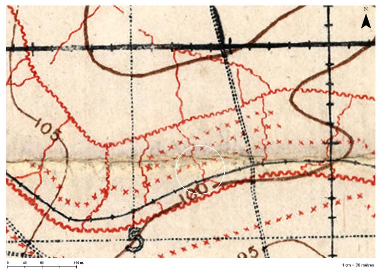 Position de l'édifice sur un tronçon de la ligne Hindenburg au sud-est d'Arras in : Beaurains, Croisilles, south east of Arras, McMaster University, PC0340 (vue de détail)
