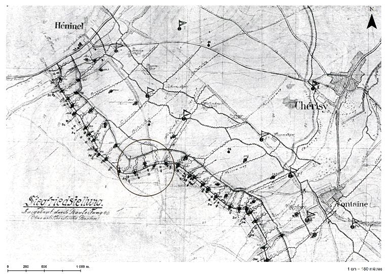 Position de l'édifice sur un tronçon de la ligne Hindenburg au sud-est d'Arras in: Deutsche Frontbauarbeit im Kriege, p.118