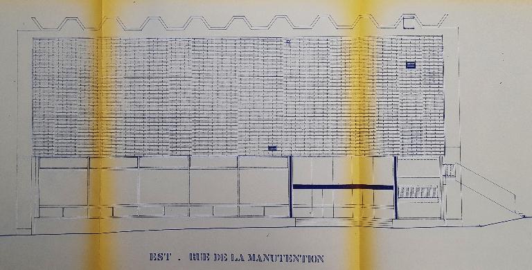Elévation façade est (côté rue de la Manutention), façade d'entrée de la piscine, Maurice Ego architecte, 1968 (AC Saint-Omer ; 3W40). 