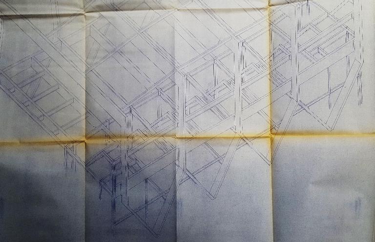 Perspective de l'ossature poteaux-poutres métallique, plan par la Société Commerciale d’Études Industrielles, 1969 (AC Saint-Omer ; 3W41).  