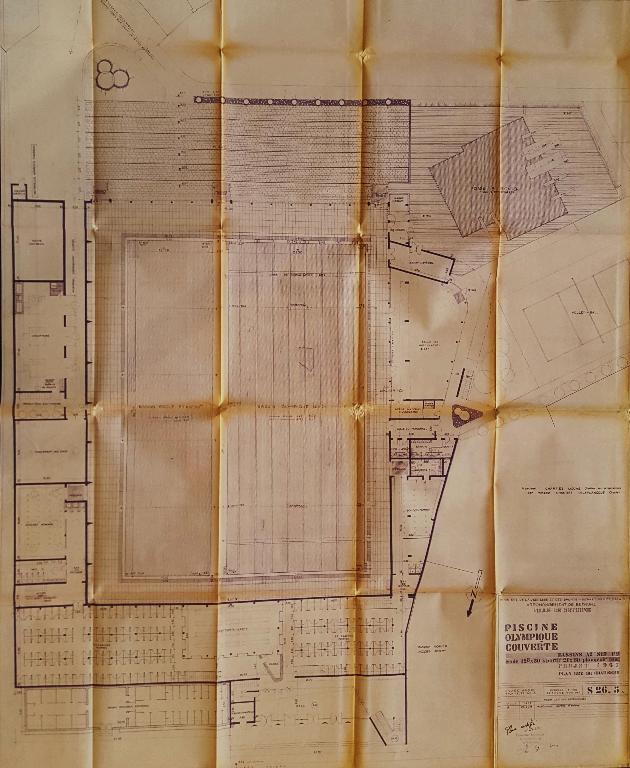Avant-projet de piscine olympique couverte : plan de rez-de-chaussée, André Evard architecte, 1967-1968 (AN ; 19800382/234).  ; Avant-projet de piscine olympique couverte : plan de rez-de-chaussée, André Evard architecte, 1967-1968 (AN ; 19800382/234). 
