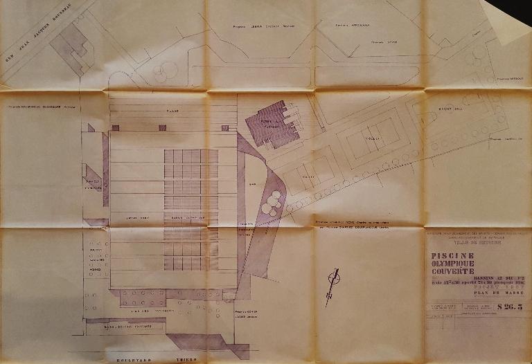 Avant-projet de piscine olympique couverte : plan de masse, André Evard architecte, 1967-1968 (AN ; 19800382/234).  ; Avant-projet de piscine olympique couverte : plan de masse, André Evard architecte, 1967-1968 (AN ; 19800382/234). 