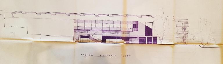 Avant-projet de piscine olympique couverte : façade latérale ouest, André Evard architecte, 1967-1968 (AN ; 19800382/234). 