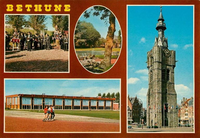 Vue de la façade de l'ancienne piscine olympique, côté stade; carte postale multi-vues, vers 1975 (coll. part.).