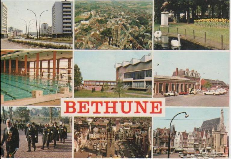 Vue intérieure de l'ancienne piscine olympique de Béthune, carte postale multi-vues, vers 1975 (coll. part.).