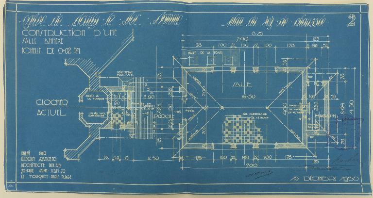 Eglise de Sailly-le-Sec. Construction d'une salle annexe, Léon Saxer, 1931 (AD Somme ; 99 O 3344).