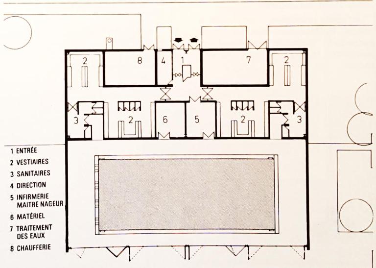 Plan schématique de la piscine Plein Soleil (publié dans la revue Piscines, n°31, 1971).