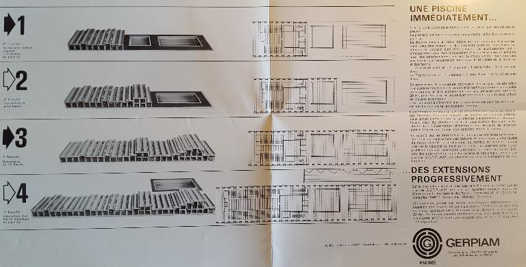 Schéma montrant les extensions progressives possibles pour une piscine P.I.A.M., brochure de documentation sur les piscines GERPIAM, vers 1966 (AN ; 19940528/1).