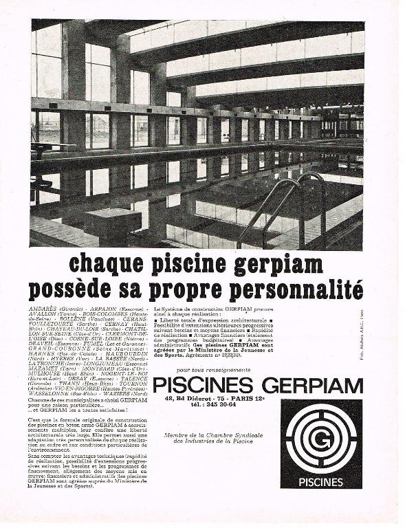 Publicité vantant les mérites de la Piscine Industrialisée à Accroissement Multiple du groupement GERPIAM, vers 1965-1970 (AN ; 19940528/1).