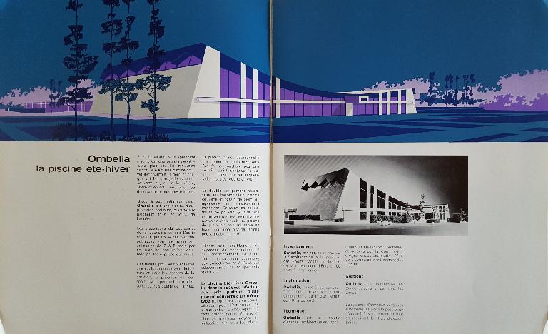 Extrait d’une brochure présentant le projet-type de la piscine transformable Ombelia (architectes : Legrand, Rabinel, Debouit / entreprise : Baudin-Chateauneuf), vers 1971 (AN ; 19840036/145).
