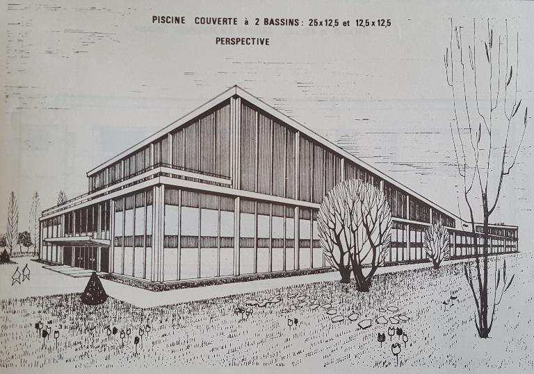 Perspective de la piscine R.16 (Robert Hirt architecte), projet-type agréé en 1966 (AN ; 19840036/145).