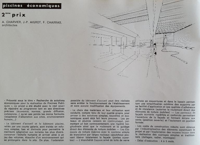 Présentation de la piscine Caneton dans le livret Concours nationaux sur le thème de la piscine, présentation des objets primés, 1969 (AN ; 19780399/11).