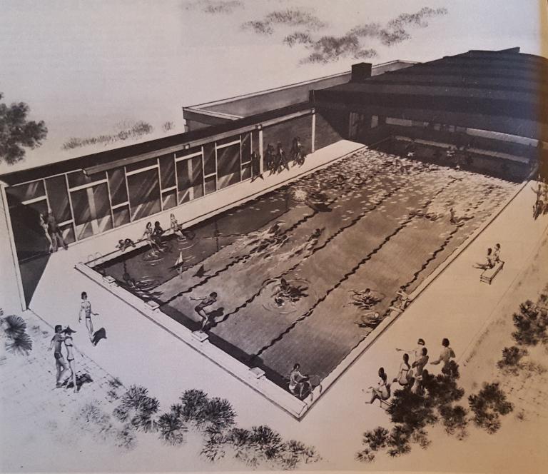 Perspective de la piscine Plein Ciel, dessin par Charles Le Chevrel architecte. In Piscines, avril-mai 1972, n°31, p. 98.