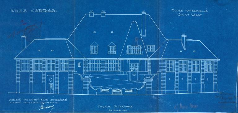 Ville d'Arras. Ecole maternelle Saint-Vaast. Projet de reconstruction. Façade principale, par Maurice Mulard architecte, vers 1922 (AD Pas-de-Calais ; 10R 4).