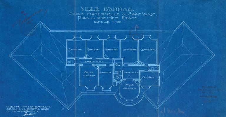 Ville d'Arras. Ecole maternelle Saint-Vaast. Projet de reconstruction. Plan du premier étage, par Maurice Mulard architecte, vers 1922 (AD Pas-de-Calais ; 10R 4).