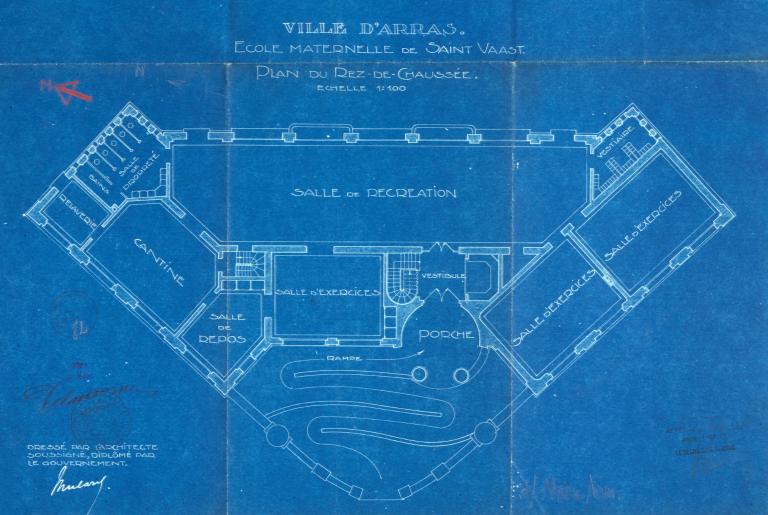 Ville d'Arras. Ecole maternelle Saint-Vaast. Projet de reconstruction. Plan du rez-de-chaussée, par Maurice Mulard architecte, vers 1922 (AD Pas-de-Calais ; 10R 4).