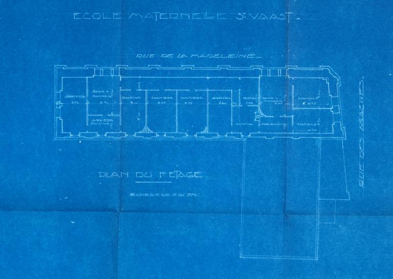 Arras. Ecole maternelle Saint-Vaast. Plan du premier étage. Etat vers 1920 (AD Pas-de-Calais ; 10R 4).